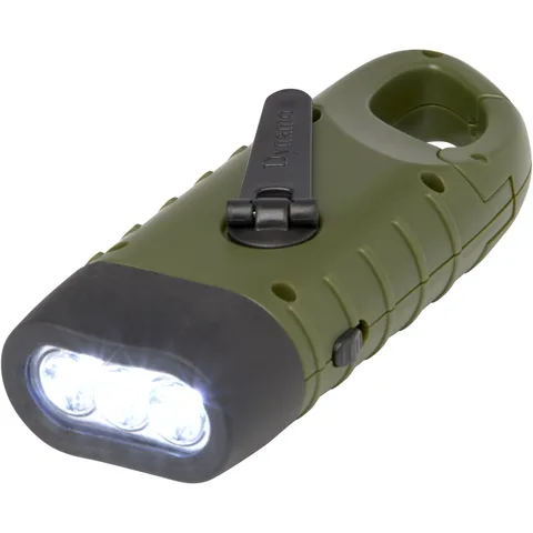Lampe de poche dynamo solaire Helios en plastique recyclé avec mousqueton