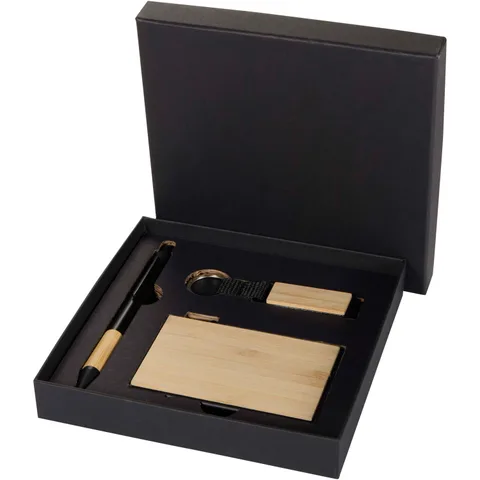 Ensemble cadeau Minka avec stylo bille en aluminium recyclé RCS, porte-clés et porte-cartes RFID